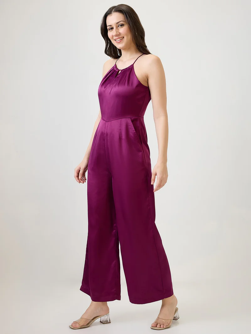 globus Women Burgundy Satin Halter Neck Wide Leg Party Jumpsuit