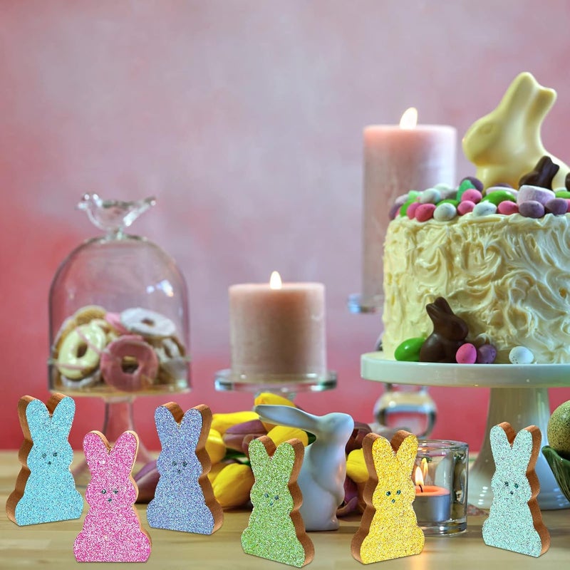Marsui 6 Pcs Easter Bunny Wood Signs Glitter Bunny Table Wooden Decor Colorful Bunny Tiered Tray Decor Spring Rabbit Tabletop Centerpieces for Easter Party Desk Shelf Home Farmhouse Table Decorations - Image 4