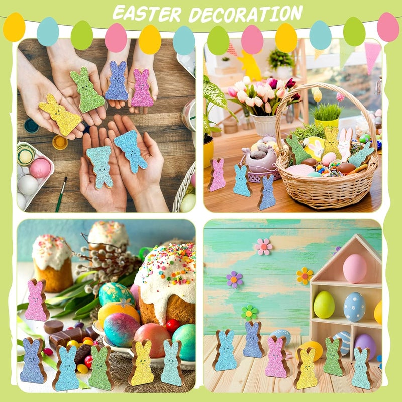 Marsui 6 Pcs Easter Bunny Wood Signs Glitter Bunny Table Wooden Decor Colorful Bunny Tiered Tray Decor Spring Rabbit Tabletop Centerpieces for Easter Party Desk Shelf Home Farmhouse Table Decorations - Image 5