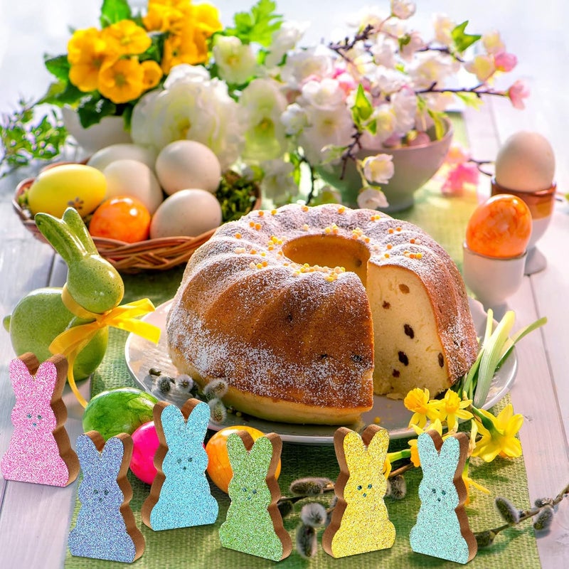 Marsui 6 Pcs Easter Bunny Wood Signs Glitter Bunny Table Wooden Decor Colorful Bunny Tiered Tray Decor Spring Rabbit Tabletop Centerpieces for Easter Party Desk Shelf Home Farmhouse Table Decorations - Image 3