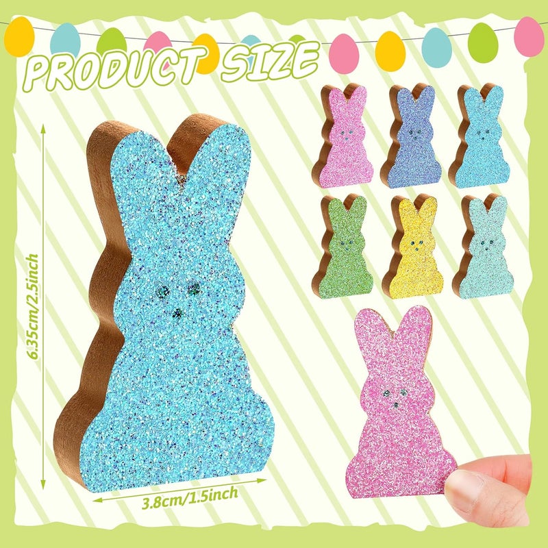Marsui 6 Pcs Easter Bunny Wood Signs Glitter Bunny Table Wooden Decor Colorful Bunny Tiered Tray Decor Spring Rabbit Tabletop Centerpieces for Easter Party Desk Shelf Home Farmhouse Table Decorations - Image 2