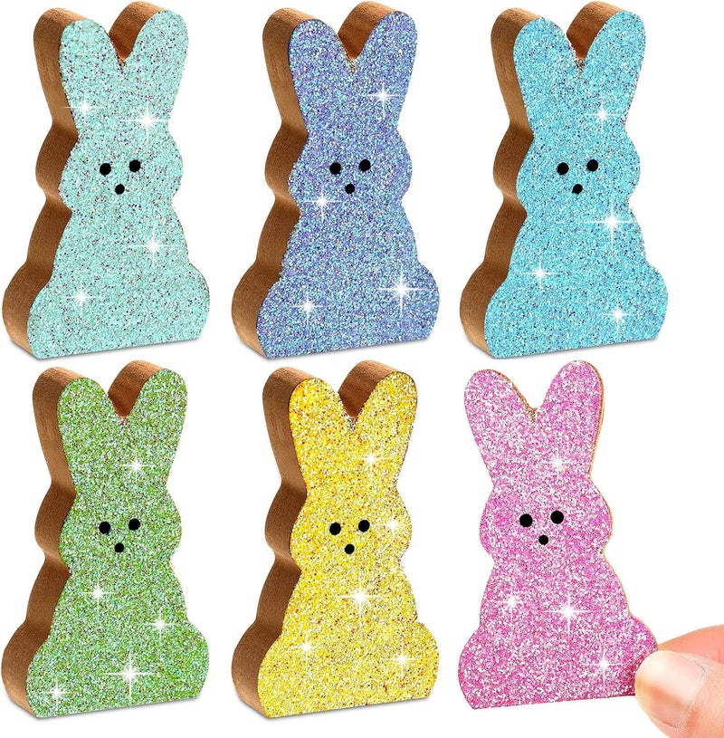 Marsui 6 Pcs Easter Bunny Wood Signs Glitter Bunny Table Wooden Decor Colorful Bunny Tiered Tray Decor Spring Rabbit Tabletop Centerpieces for Easter Party Desk Shelf Home Farmhouse Table Decorations - Image 1