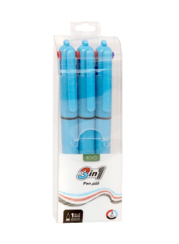 روكو قلم متعدد الوظائف 3 في 1، كرة دوّارة، حبر أسود/أزرق/أحمر، 1 ملم، مجموعة من 3 أقلام - Image 1
