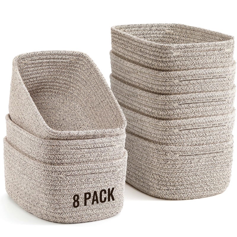 Snuvid 8 Pack Small Storage Baskets for Organizing, Woven Rope Bins for Bathroom, Closet, Shelf Organizer, Cute Cube Decorative Box for Towels, Baby Nursery, Toys, Gift Empty Baskets - 11.5"x7.5"x4.7"-Brown - Image 1