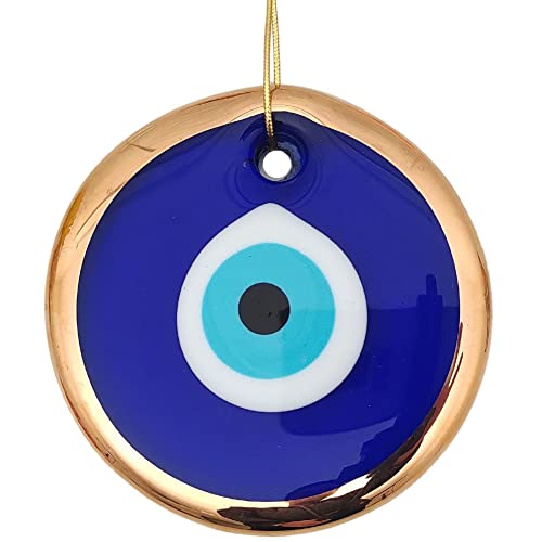 Erbulus 4.3" Glass Blue Evil Eye Wall Hanging Gold Ornament - Turkish Nazar Bead - Home Protection Charm - Wall Decor Amulet in a Box (Large) - Image 1