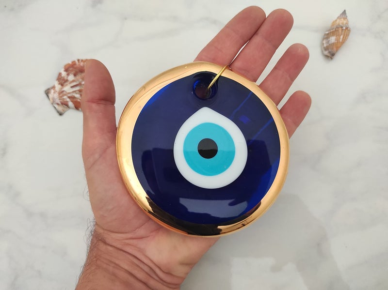 Erbulus 4.3" Glass Blue Evil Eye Wall Hanging Gold Ornament - Turkish Nazar Bead - Home Protection Charm - Wall Decor Amulet in a Box (Large) - Image 4