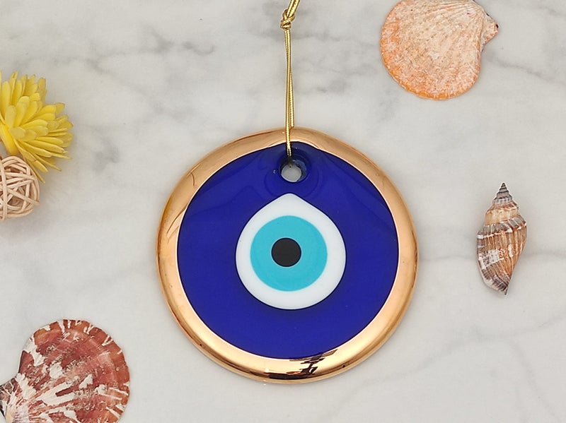 Erbulus 4.3" Glass Blue Evil Eye Wall Hanging Gold Ornament - Turkish Nazar Bead - Home Protection Charm - Wall Decor Amulet in a Box (Large) - Image 5
