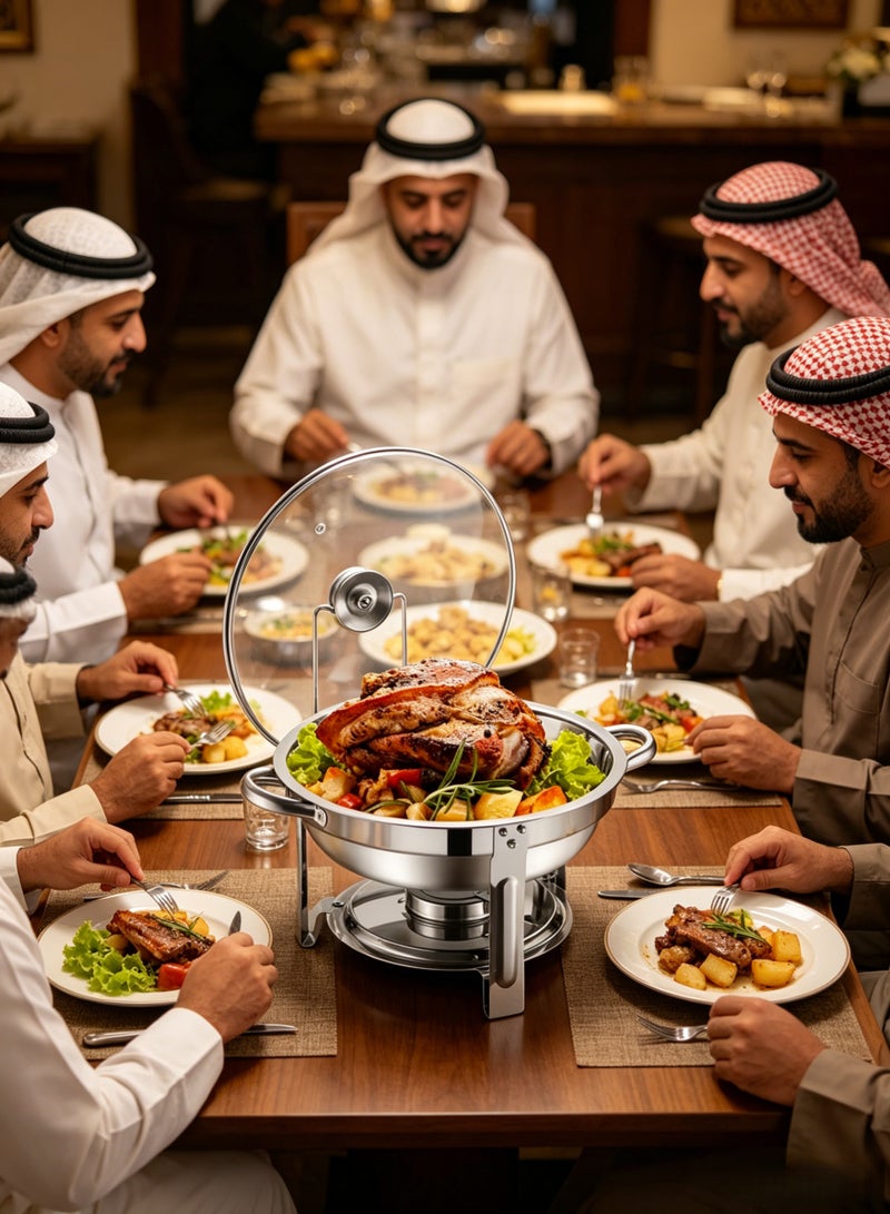 طقم بوفيه من الفولاذ المقاوم للصدأ الفضي، صينية تسخين طعام سعة 4.5 لتر مع غطاء وحامل غطاء مدمج، قدر ساخن سميك من الفولاذ المقاوم للصدأ مقاوم للتآكل، مثالي للحفلات وحفلات الزفاف ومناسبات تقديم الطعام. - Image 3