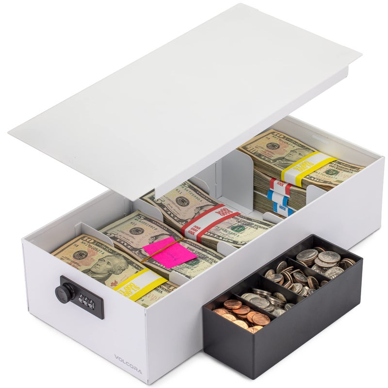Volcora Cash Box Money Organizer - 15â€ x 7.5â€ x 4â€ Cashbox 5 Compartments Drawer Tray - Bills and Coin Slot with Combination Lock for POS Register, Kiosk, Retail, Personal and Business Use, White - Image 1