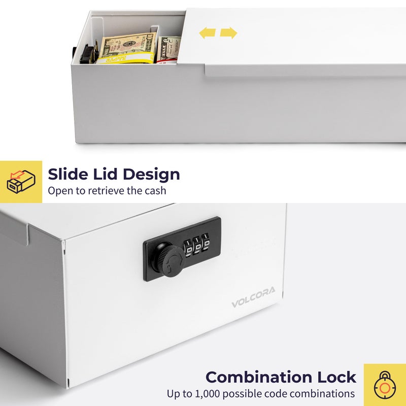 Volcora Cash Box Money Organizer - 15â€ x 7.5â€ x 4â€ Cashbox 5 Compartments Drawer Tray - Bills and Coin Slot with Combination Lock for POS Register, Kiosk, Retail, Personal and Business Use, White - Image 4