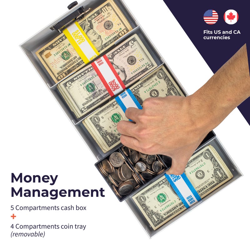 Volcora Cash Box Money Organizer - 15â€ x 7.5â€ x 4â€ Cashbox 5 Compartments Drawer Tray - Bills and Coin Slot with Combination Lock for POS Register, Kiosk, Retail, Personal and Business Use, White - Image 3