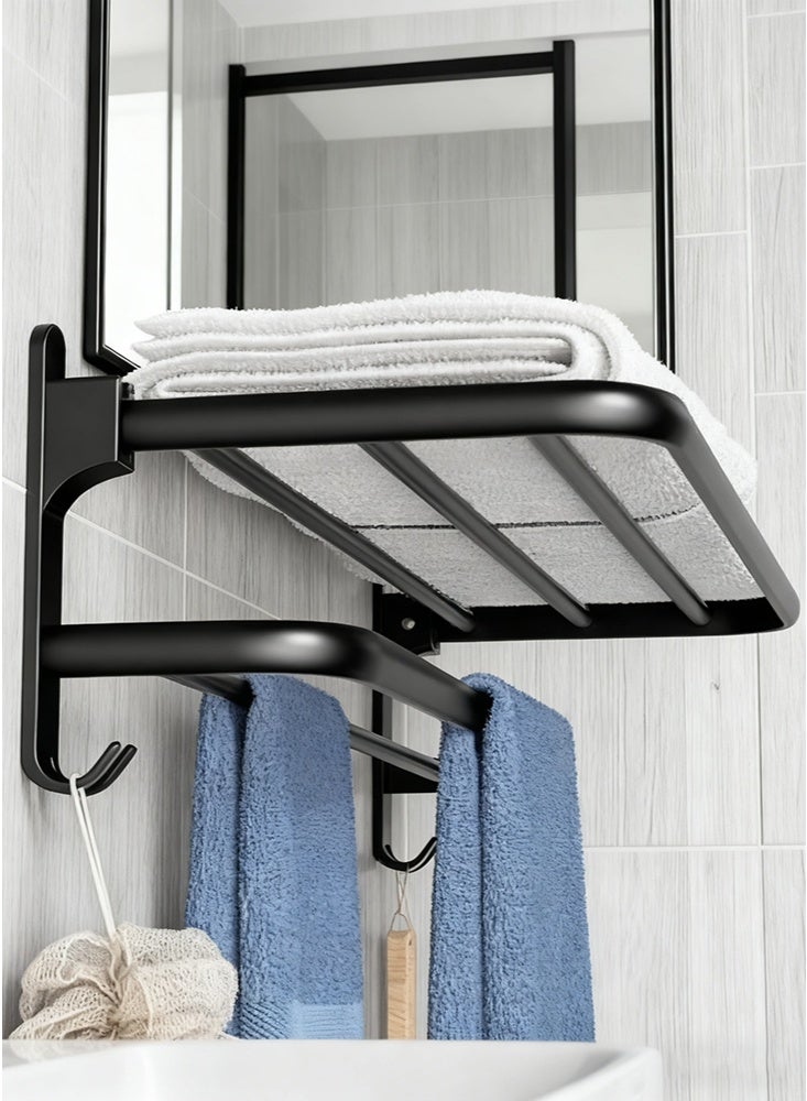 NoorTech Bathroom Towel Rack Organlzer Non Perforated Storage Rack Wall Mounted Foldable Towel Shelf with Towel Bar Storage Rack Brushed Holder for Folding Large Towels Hotel Towel Rack Wall Mounted with Hooks (Black) - Image 1