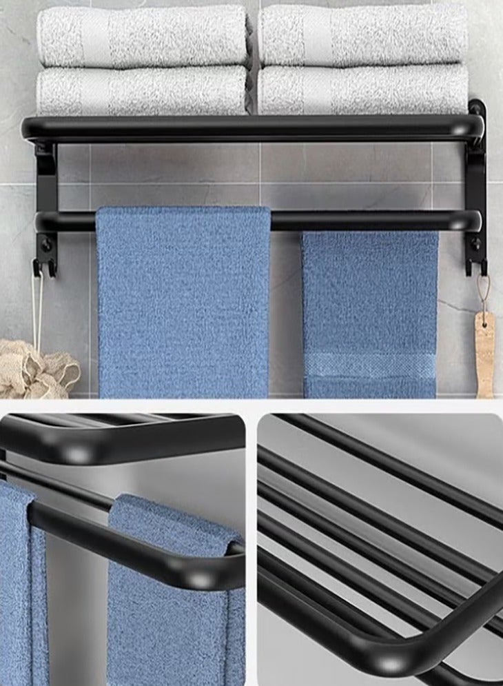 NoorTech Bathroom Towel Rack Organlzer Non Perforated Storage Rack Wall Mounted Foldable Towel Shelf with Towel Bar Storage Rack Brushed Holder for Folding Large Towels Hotel Towel Rack Wall Mounted with Hooks (Black) - Image 2