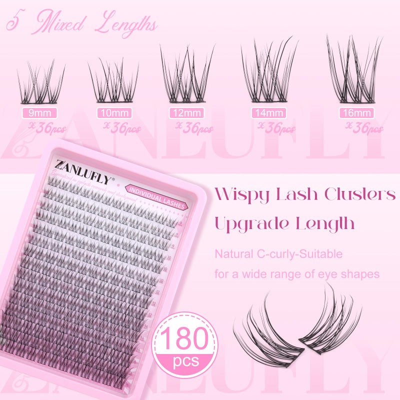 zanlufly Lash CLusters Wispy Eyelash Clusters Natural Lash Extensions C-Curly DIY Eyelash Extensions zanlufly 180Pcs Individual Lashes(9MM 10MM 12MM 14MM 16MM) - Image 2