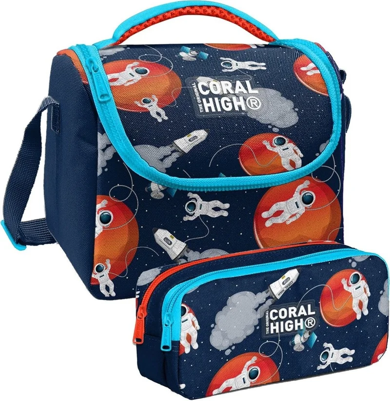 CORAL HIGH Navy Blue Astronaut Patterned Boy Thermal Insulated Lunch Bag and Pencil Case Set