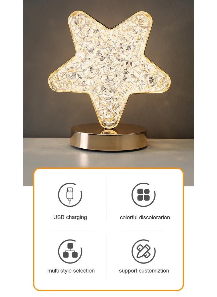 كروني مصباح كروني ثلاثي الألوان يعمل باللمس مع خاصية الشحن على شكل نجمة، مصباح مكتب كريستالي فاخر حديث لغرفة النوم، ضوء ليلي محمول - Image 4