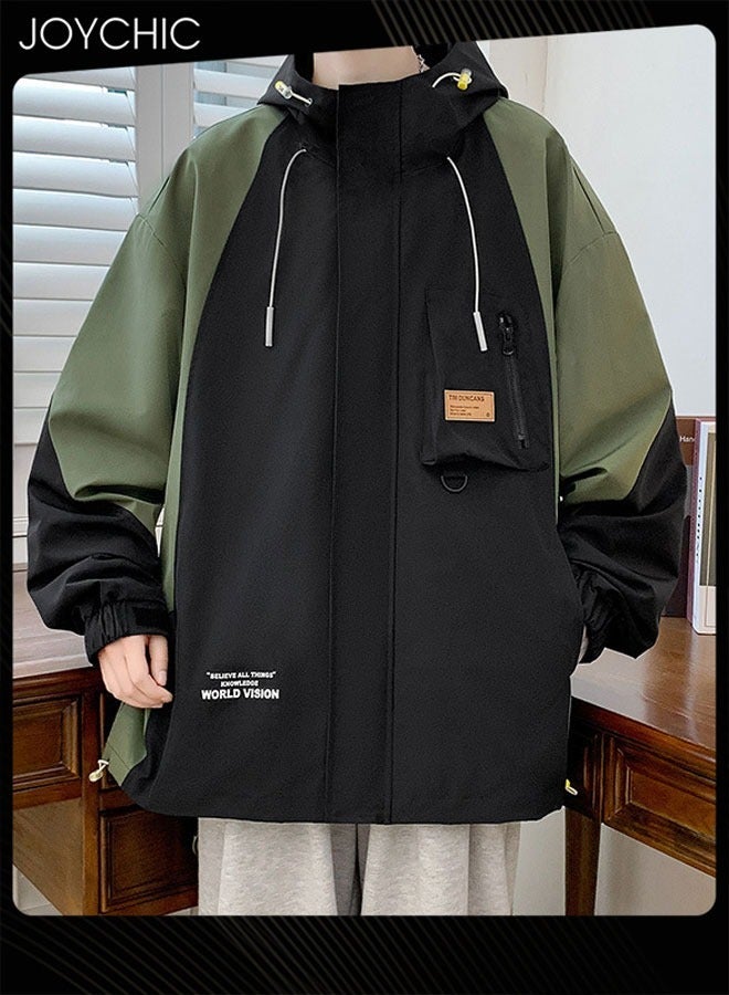Joychic Classic Spring and Autumn Men Work Jacket Casual Loose Hooded Zipper Windproof Coat Large Size Outdoor Hiking Climbing Black+Green - Image 1