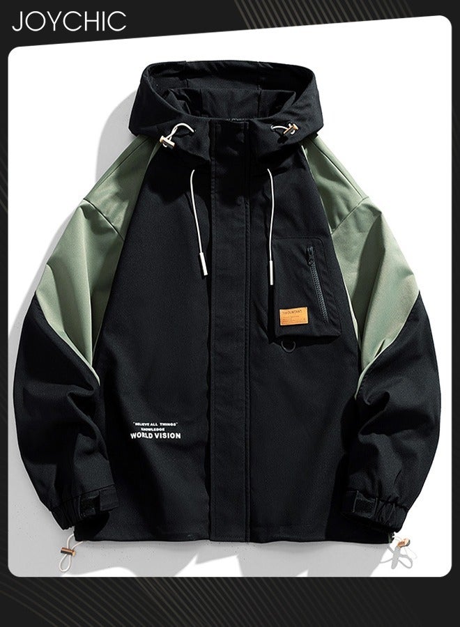 Joychic Classic Spring and Autumn Men Work Jacket Casual Loose Hooded Zipper Windproof Coat Large Size Outdoor Hiking Climbing Black+Green - Image 3