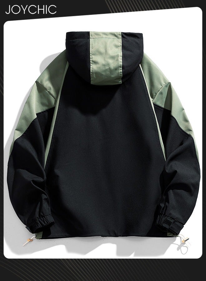 Joychic Classic Spring and Autumn Men Work Jacket Casual Loose Hooded Zipper Windproof Coat Large Size Outdoor Hiking Climbing Black+Green - Image 4