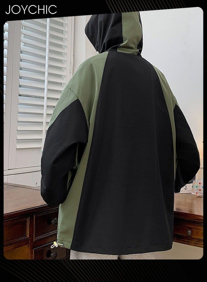 Joychic Classic Spring and Autumn Men Work Jacket Casual Loose Hooded Zipper Windproof Coat Large Size Outdoor Hiking Climbing Black+Green - Image 2