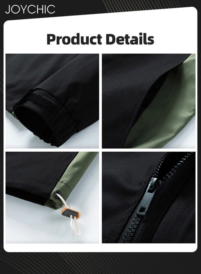 Joychic Classic Spring and Autumn Men Work Jacket Casual Loose Hooded Zipper Windproof Coat Large Size Outdoor Hiking Climbing Black+Green - Image 5