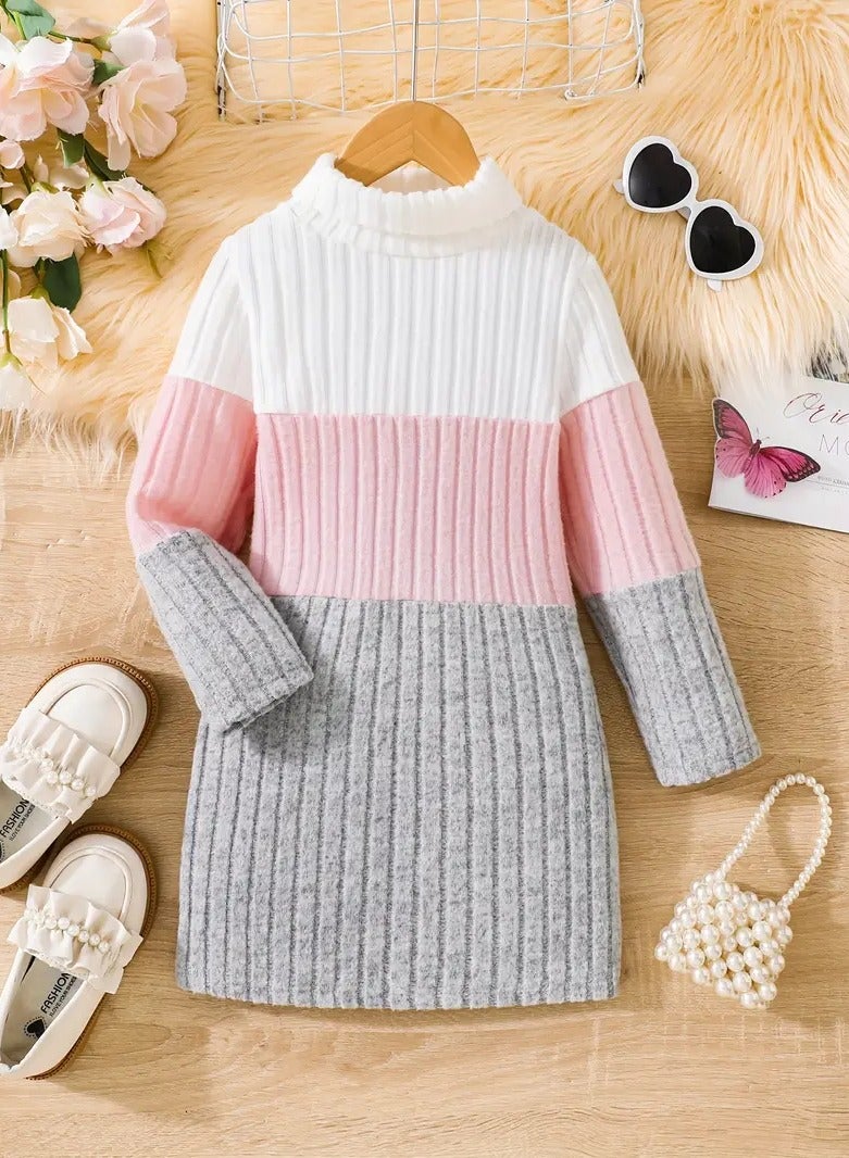 Casual Girls Dress With High Collar Round Neck long Sleeves Soft lightweight And Feels Warm White Color With Pink And Gray The Sweater Is Knitted  Crocheted And Wool Suitable For Parties Trips And Chalets It Is Useful As A Seasonal Gift Winter Fall And Spring Size By Age 6 Years  - Image 1