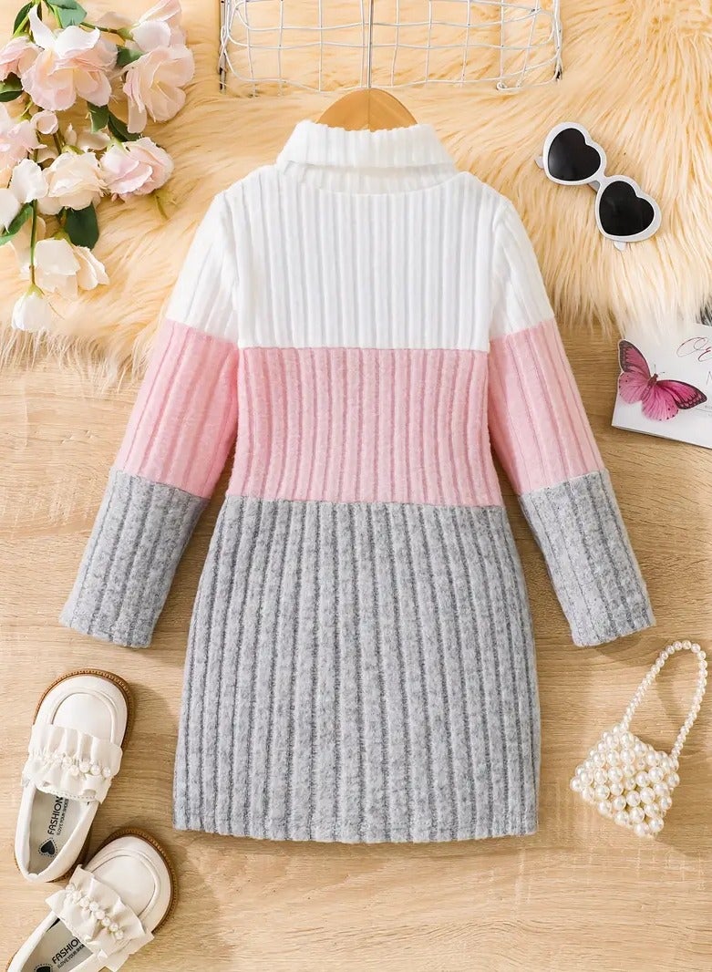 Casual Girls Dress With High Collar Round Neck long Sleeves Soft lightweight And Feels Warm White Color With Pink And Gray The Sweater Is Knitted  Crocheted And Wool Suitable For Parties Trips And Chalets It Is Useful As A Seasonal Gift Winter Fall And Spring Size By Age 6 Years  - Image 2