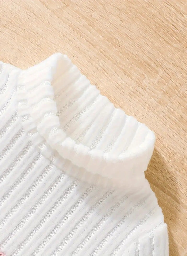 Casual Girls Dress With High Collar Round Neck long Sleeves Soft lightweight And Feels Warm White Color With Pink And Gray The Sweater Is Knitted  Crocheted And Wool Suitable For Parties Trips And Chalets It Is Useful As A Seasonal Gift Winter Fall And Spring Size By Age 6 Years  - Image 4
