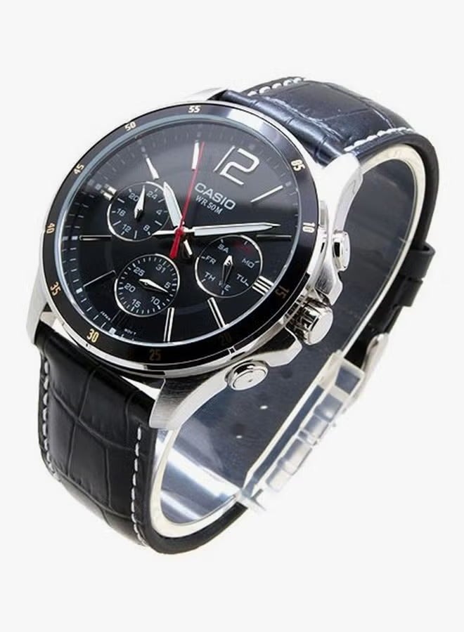 CASIO Men's Water Resistant Leather Band Analog Watch MTP-1374L-1ADF - 47 mm - Black - Image 3