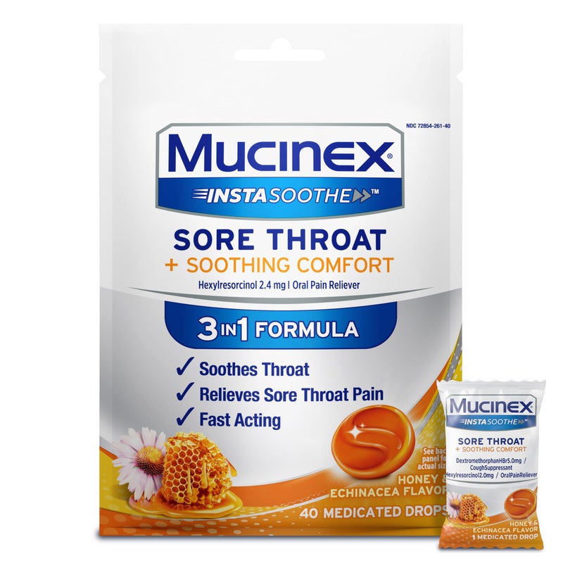 Mucinex Instasoothe Sore Throat Relief Drops, Sore Throat Lozenges, Sore Throat Medicine with Hexylresorcinol, Cough Drops Alternative, Honey & Echinacea Flavor, 40 ct - Image 1