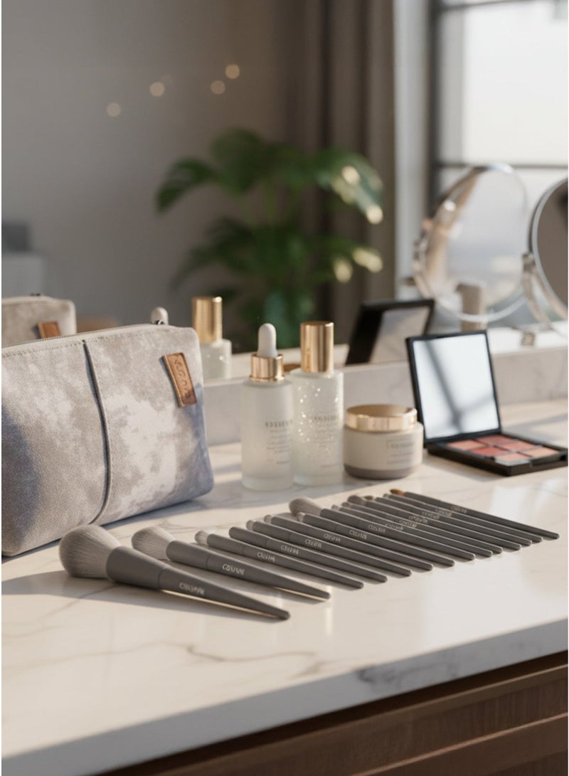 XIYU Face & Eye Makeup Brush Set 12 Pieces Powder Foundation Blush Contour Eyeshadow Concealer Nano-Fiber Bionic Bristles Long Handle Wood Aluminum Tube with Storage Pouch - Image 4