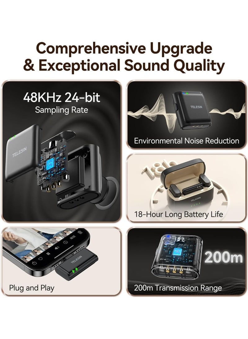 TELESIN Dual Wireless Lavalier Microphone Kit for iPhone 16/15, Android & PC–656ft Range, 18-Hour Battery, USB-C Compatible, Noise Reduction suitable for Video, Interviews & Live Streaming - Image 2