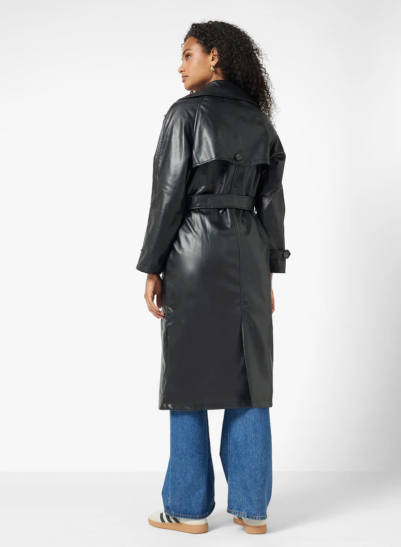 Ginger PU Leather Trench Jacket with Belt