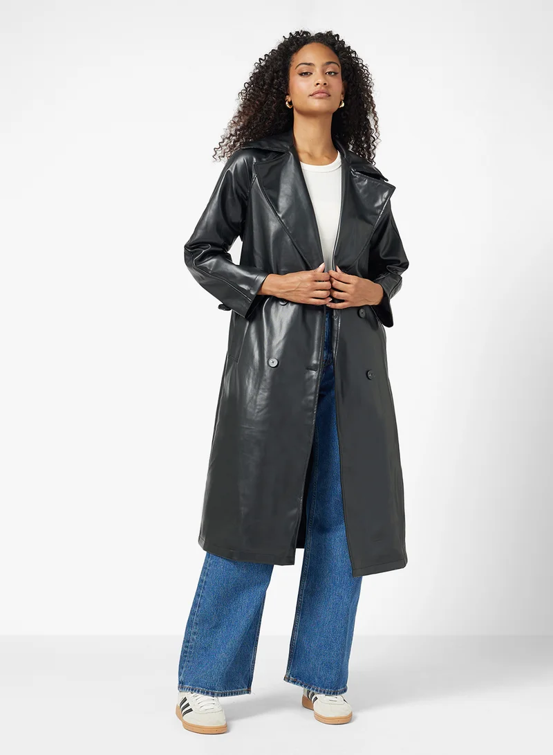 Ginger PU Leather Trench Jacket with Belt
