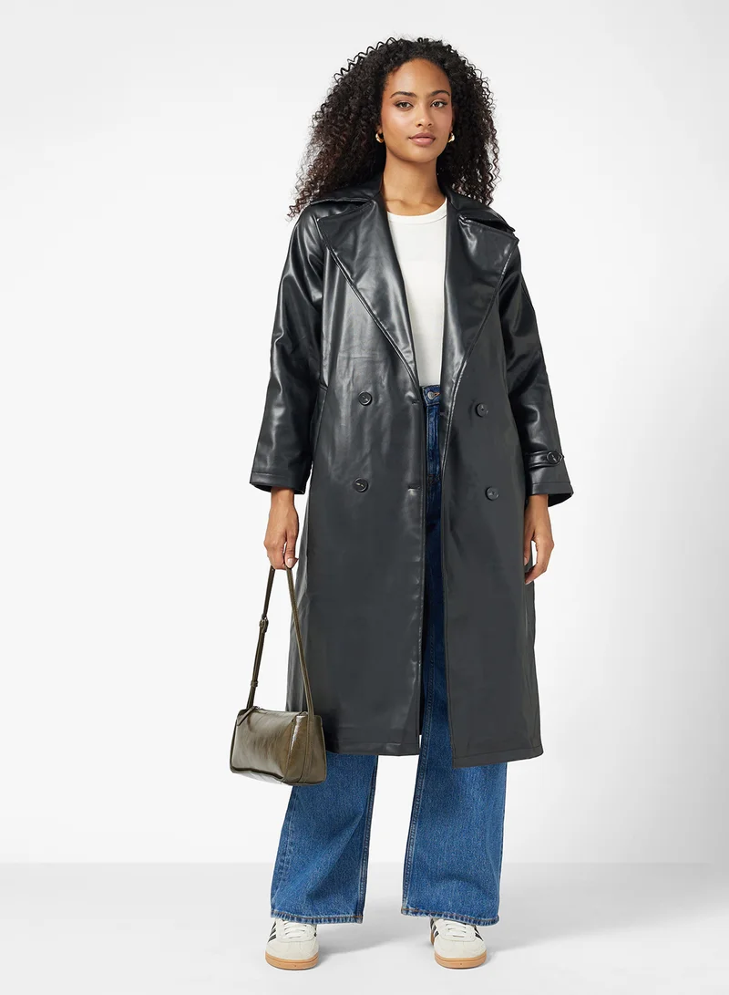 جينجر PU Leather Trench Jacket with Belt