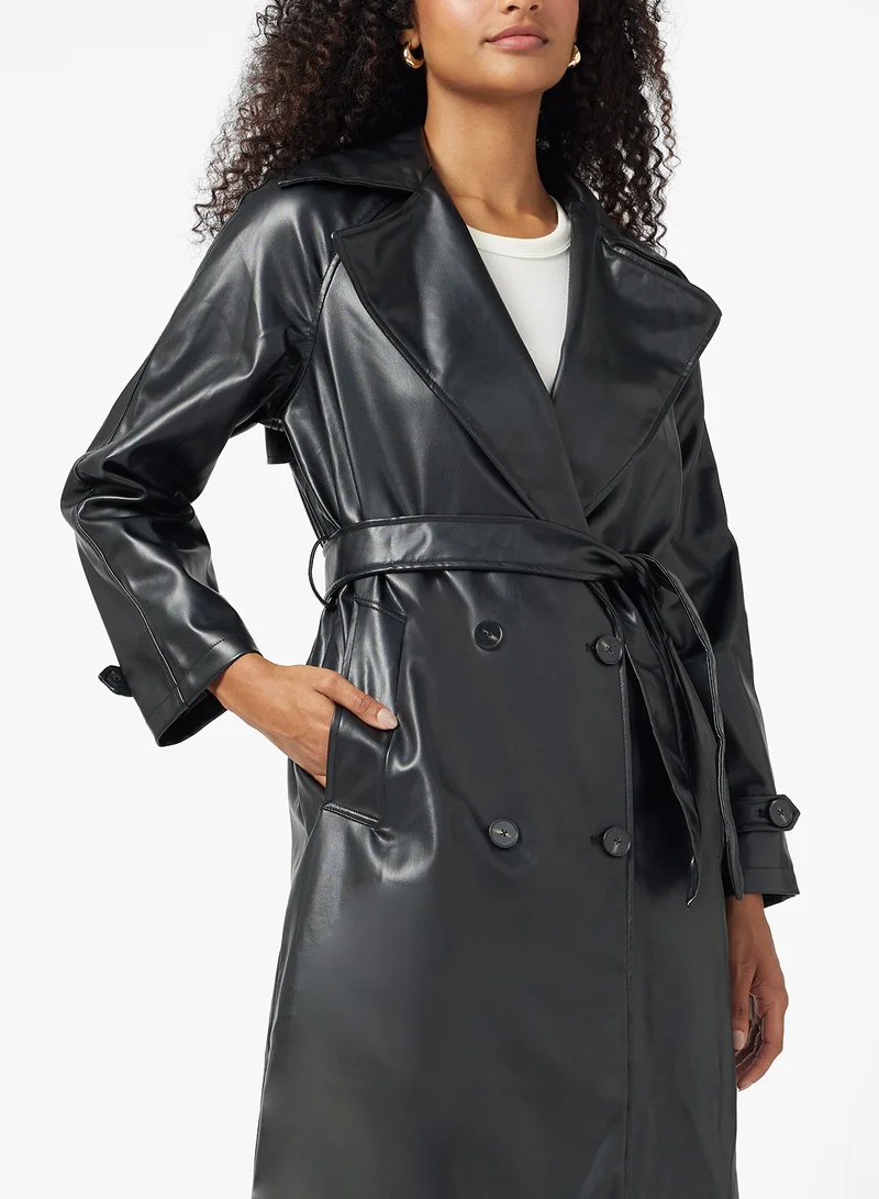جينجر PU Leather Trench Jacket with Belt