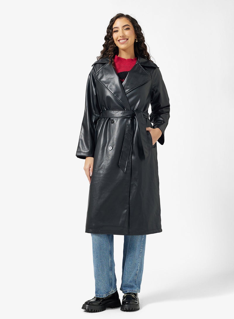 جينجر جاكيت ترنش جلد صناعي بحزام - Image 1