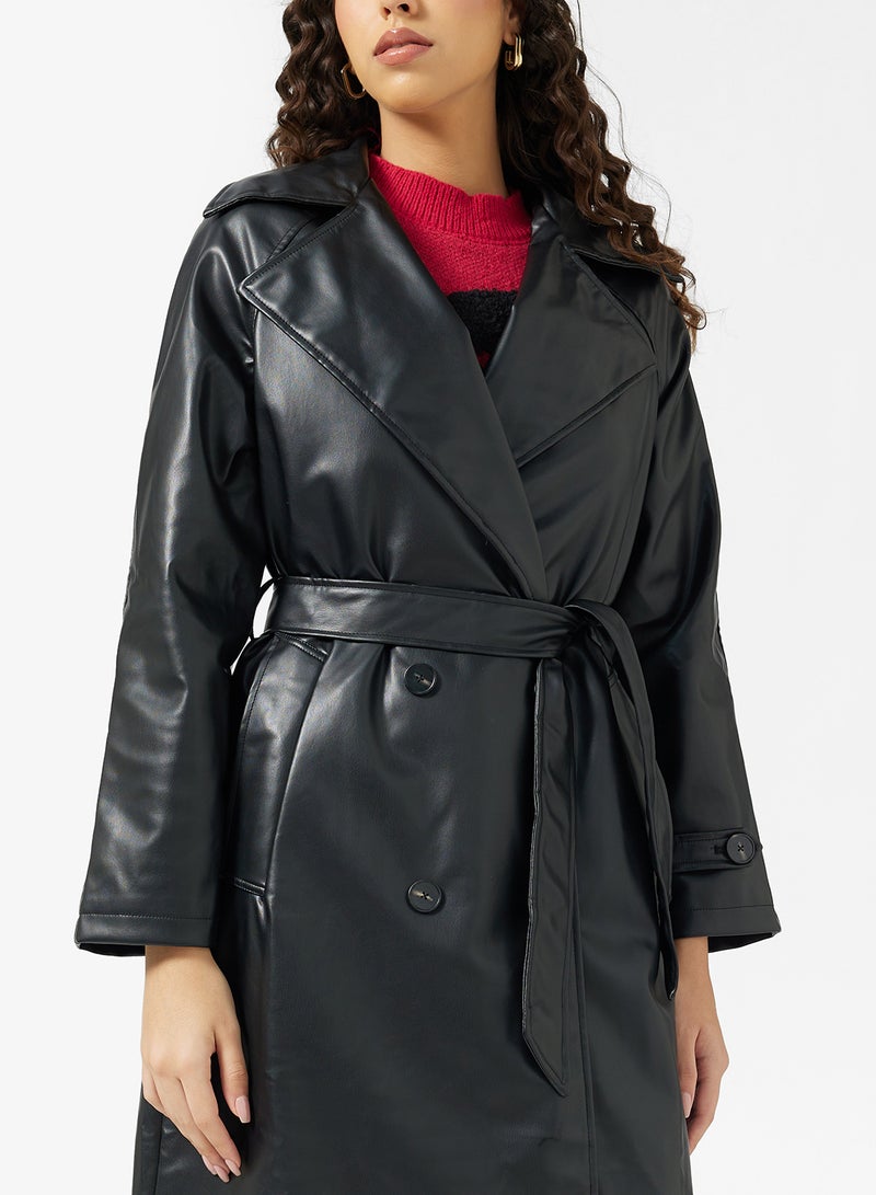 جينجر جاكيت ترنش جلد صناعي بحزام - Image 3