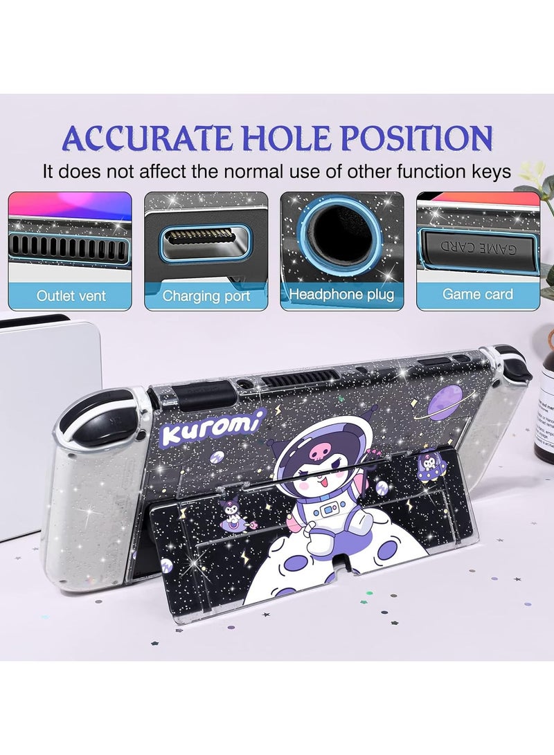 Glitter Clear Case Compatible with Nintendo Switch OLED 2021, Cute Cartoon Astronaut Dockable Scratch-Resistant Hard Cover, TPU Grip Material with 4-Piece Thumb Rocker Cover Accessory - Image 3