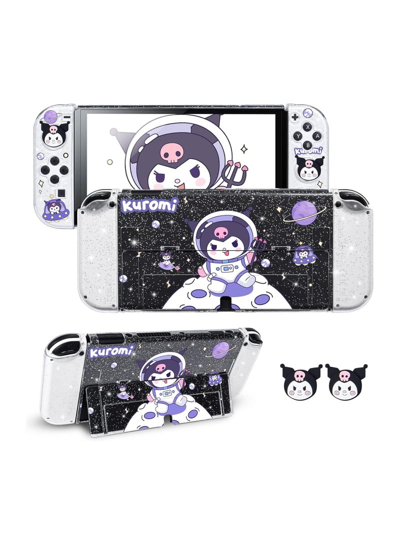 Glitter Clear Case Compatible with Nintendo Switch OLED 2021, Cute Cartoon Astronaut Dockable Scratch-Resistant Hard Cover, TPU Grip Material with 4-Piece Thumb Rocker Cover Accessory - Image 1