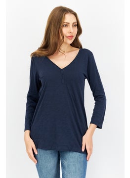 Eddie Bauer Women V-Neck Long Sleeve Plain Top, Navy  - Image 1