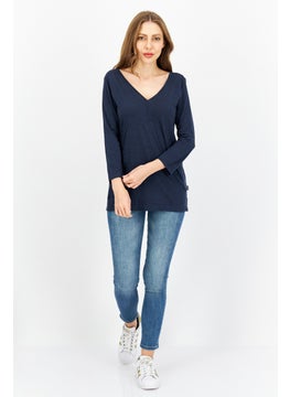 Eddie Bauer Women V-Neck Long Sleeve Plain Top, Navy  - Image 3