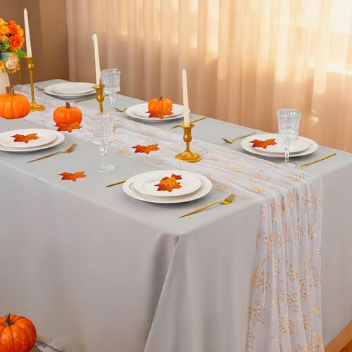 Snowkingdom 10ft Fall Table Runner, Gold Maple Leaves Thanksgiving Table Decorations, White Gauze Chiffon Sheer Cheesecloth Runner for Autumn Harvest Glitter Sparkle Dining Party Decor 120 Inches - Image 3