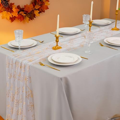 Snowkingdom 10ft Fall Table Runner, Gold Maple Leaves Thanksgiving Table Decorations, White Gauze Chiffon Sheer Cheesecloth Runner for Autumn Harvest Glitter Sparkle Dining Party Decor 120 Inches - Image 5