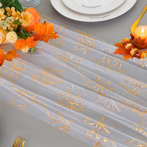 Snowkingdom 10ft Fall Table Runner, Gold Maple Leaves Thanksgiving Table Decorations, White Gauze Chiffon Sheer Cheesecloth Runner for Autumn Harvest Glitter Sparkle Dining Party Decor 120 Inches - Image 2