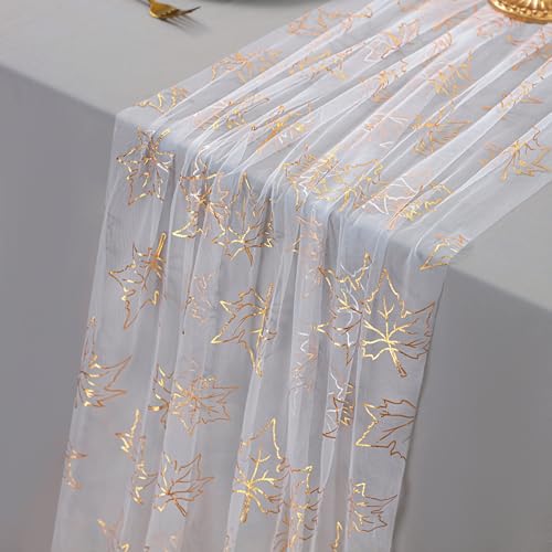 Snowkingdom 10ft Fall Table Runner, Gold Maple Leaves Thanksgiving Table Decorations, White Gauze Chiffon Sheer Cheesecloth Runner for Autumn Harvest Glitter Sparkle Dining Party Decor 120 Inches - Image 1