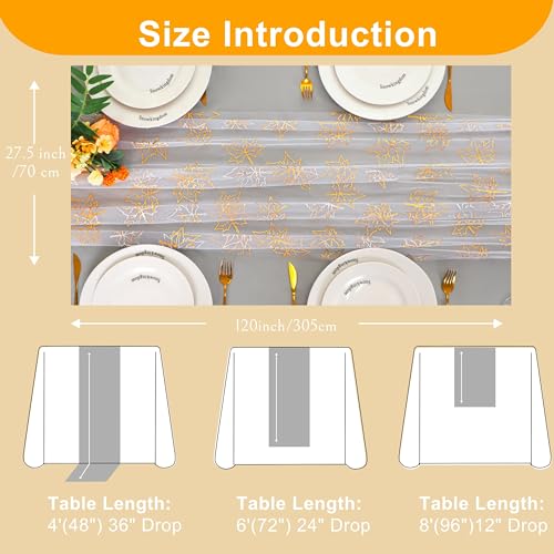Snowkingdom 10ft Fall Table Runner, Gold Maple Leaves Thanksgiving Table Decorations, White Gauze Chiffon Sheer Cheesecloth Runner for Autumn Harvest Glitter Sparkle Dining Party Decor 120 Inches - Image 4