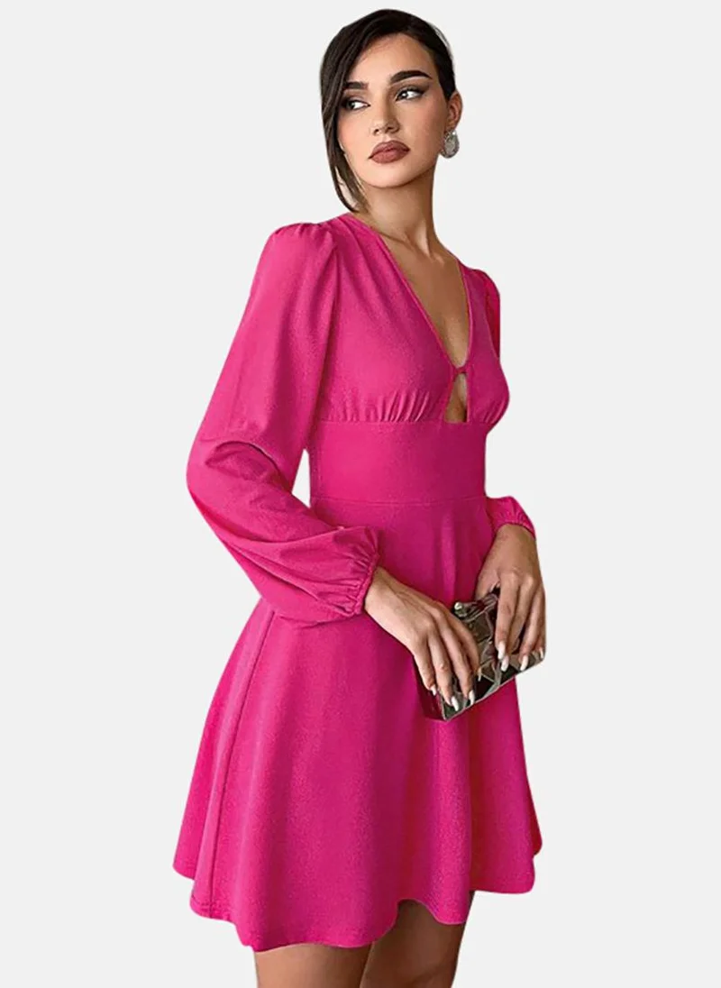 يونيكي Pink Solid Long Sleeve V Neck Mini Fit & Flare Dress