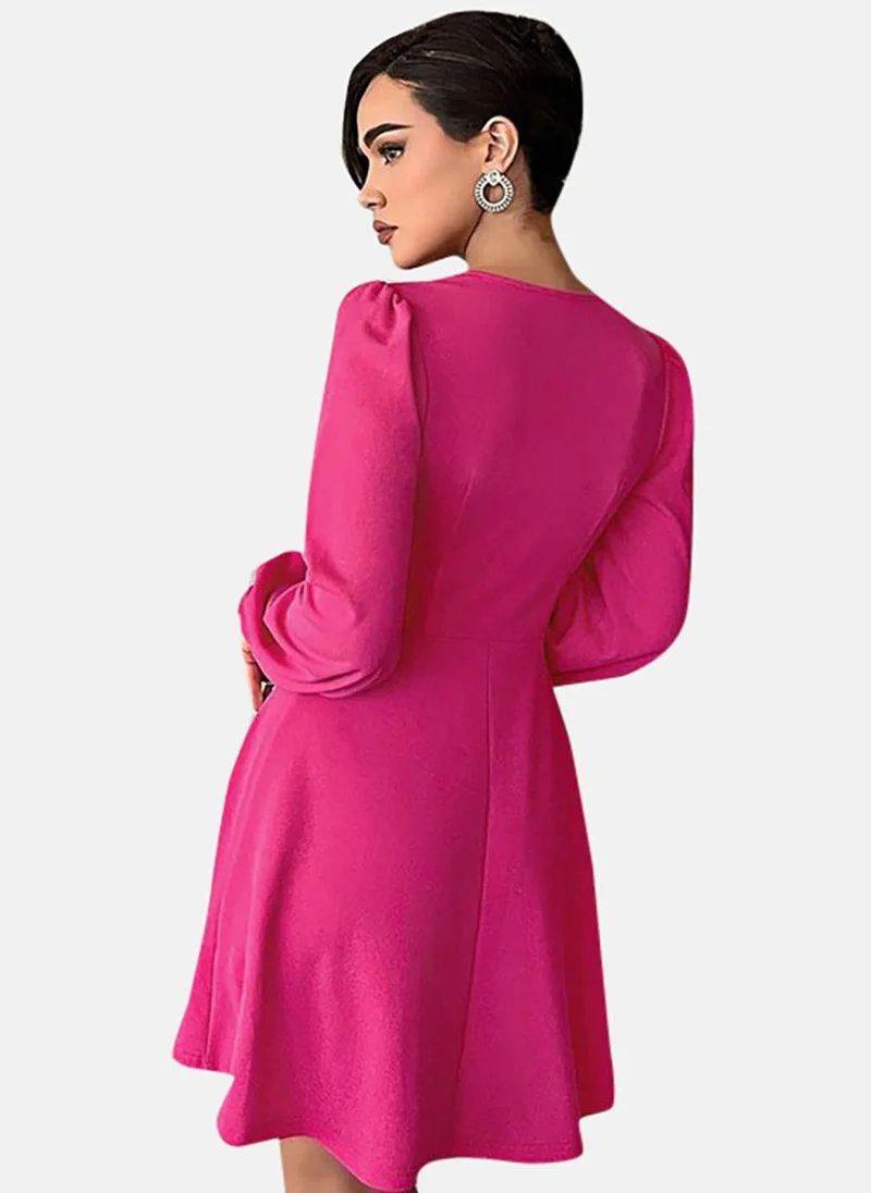 يونيكي Pink Solid Long Sleeve V Neck Mini Fit & Flare Dress