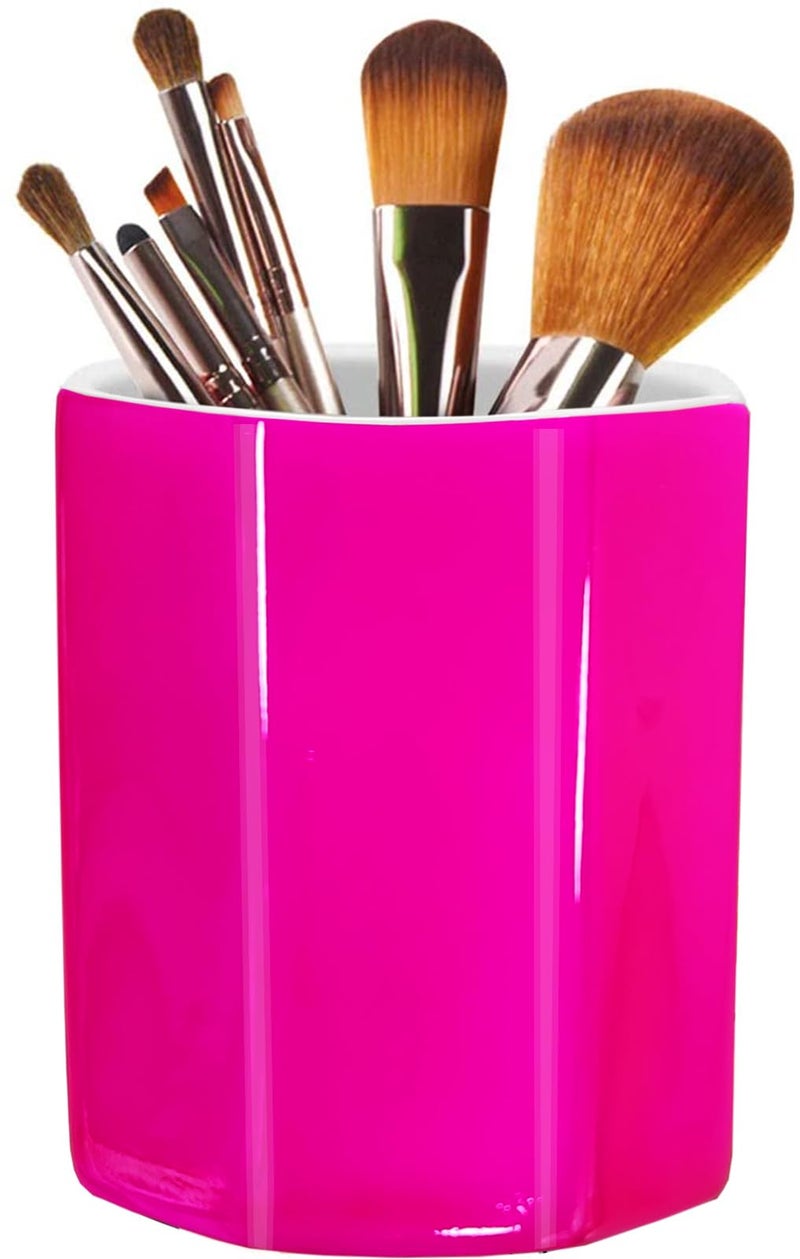 LEAZUL Pen Holder, Makeup Brush Holder Ceramic Shiny Gold Spring Floral Pattern Pencil Cup for Girls Kids Women Durable Stand Desk Organizer Storage Gift for Office, Classroom, Home (Hot Pink) - Image 1